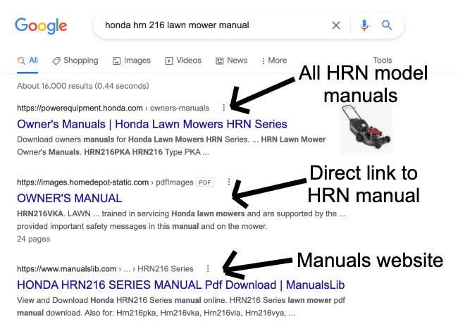 Results when searching for a used honda lawn mower in google